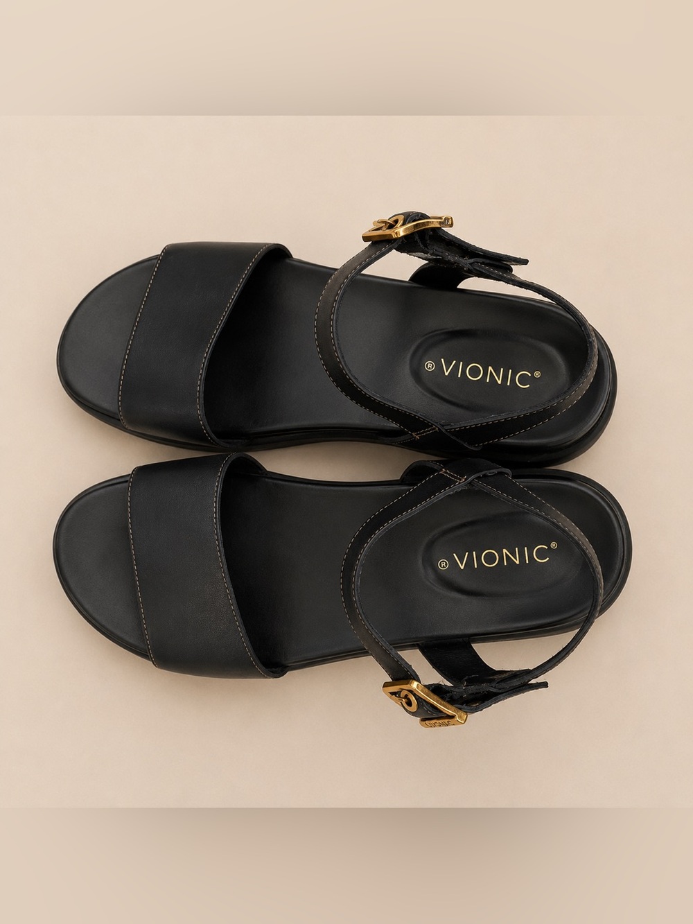 Vionic Black Platform Sandals Size 8 Comfort Footbed Gold Buckle - Picture 3 of 5